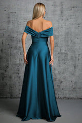 Peacock Blue Satin Off The Shoulder Pleated Formal Mother of the Bride Dress