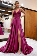 Peacock Green A-Line Satin Appliques Prom Dress with Slit