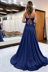 Peacock Green A-Line Satin Appliques Prom Dress with Slit