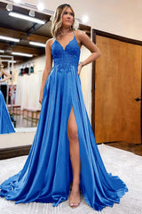 Peacock Green A-Line Satin Appliques Prom Dress with Slit