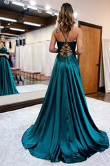 Peacock Green A-Line Satin Appliques Prom Dress with Slit