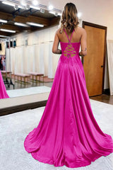 Peacock Green A-Line Satin Appliques Prom Dress with Slit