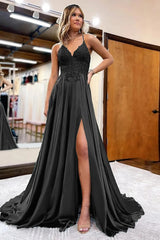 Peacock Green A-Line Satin Appliques Prom Dress with Slit