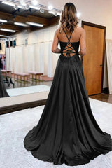 Peacock Green A-Line Satin Appliques Prom Dress with Slit