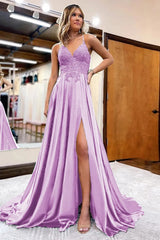 Peacock Green A-Line Satin Appliques Prom Dress with Slit