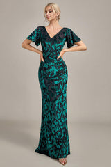 A-Line V Neck Velvet Mother of the Bride Dress With Short Sleeves