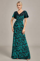 A-Line V Neck Velvet Mother of the Bride Dress With Short Sleeves