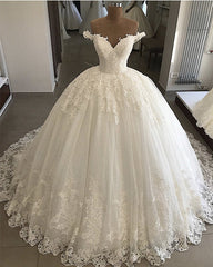 Pearl Beaded Lace V-neck Tulle Wedding Dresses Ball Gown Off Shoulder