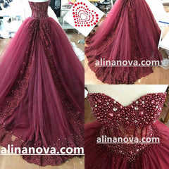 Pearl Beading Sweetheart Bodice Corset Wedding Dresses Burgundy