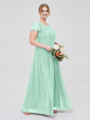 Long Bridesmaid Dresses with Cap Sleeves Mint Green