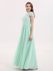 Long Bridesmaid Dresses with Cap Sleeves Mint Green