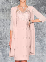 Two Piece Ruffle Chiffon Mother of the Bride Outfit Lace Short Wedding Guest Dress