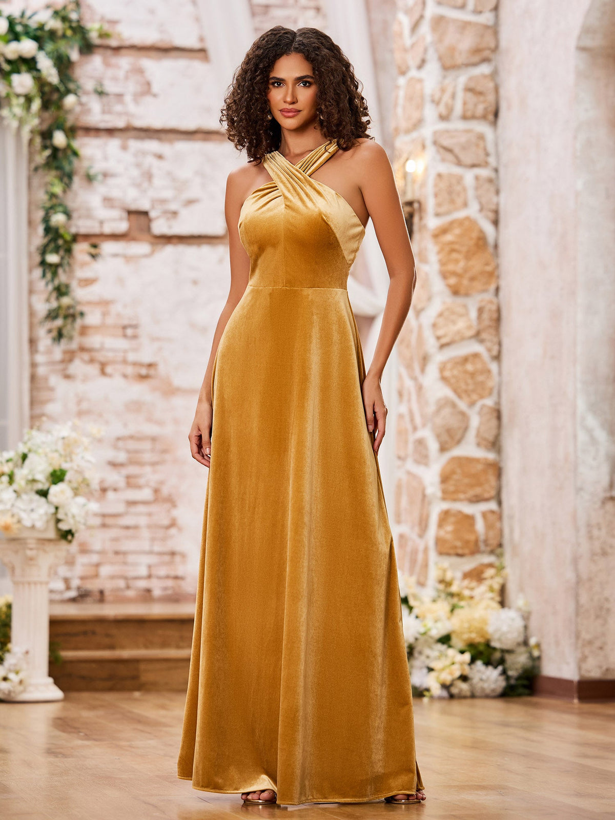 Velvet Grecian Neck Sleeveless Long Bridesmaid Gowns Gold