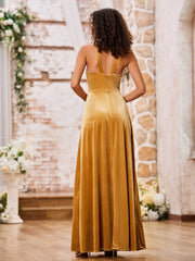 Velvet Grecian Neck Sleeveless Long Bridesmaid Gowns Gold
