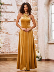 Velvet Grecian Neck Sleeveless Long Bridesmaid Gowns Gold