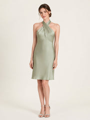 Knee-Length A-Line Satin Dress Featuring Open Back Dusty Sage