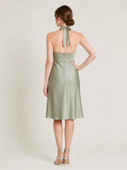 Knee-Length A-Line Satin Dress Featuring Open Back Dusty Sage
