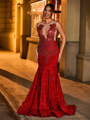 Luxury Rhinestone Illusion Mermaid Evening Dress Burgundy