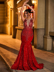 Luxury Rhinestone Illusion Mermaid Evening Dress Burgundy