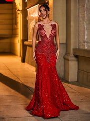 Luxury Rhinestone Illusion Mermaid Evening Dress Burgundy