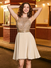 A-line Jewel Sleeveless Sequins Chiffon Short Prom Dress Champagne