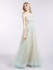 Illusion Neck Two Colors Tulle Dress-Champagne