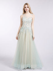 Illusion Neck Two Colors Tulle Dress-Champagne
