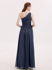 One Shoulder Chiffon and Lace Bridesmaid Dress-Dark Navy