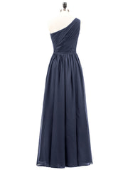 One Shoulder Chiffon and Lace Bridesmaid Dress-Dark Navy