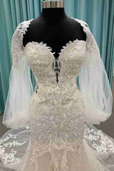 Lace Long Sleeves Sweetheart Mermaid Dreamy Long Wedding Dress
