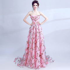 PinK Floral Sweetheart A-line Long Party Dress Formal Dress, Pink Lace Flowers Evening Dresses