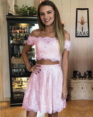 Elegant Off Shoulder Lace Homecoming Dresses Two Piece