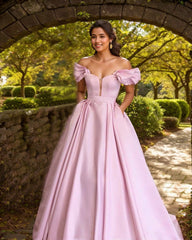 Puffy Sleeves Off Shoulder Satin Prom Dresses Ball Gowns