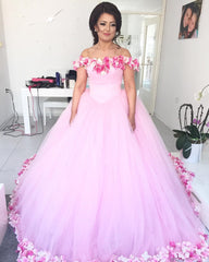 Pink Tulle Floral Flower Ball Gowns Quinceanera Dresses Off Shoulder