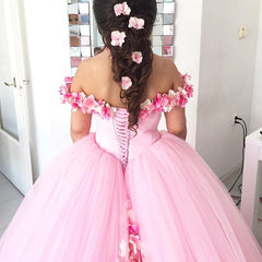Pink Tulle Floral Flower Ball Gowns Quinceanera Dresses Off Shoulder