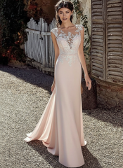 White Simple Wedding Dress White Chiffon Illusion Sleeveless Court Train Applique Sheath Bridal Gowns