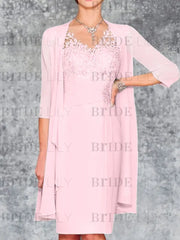 Two Piece Ruffle Chiffon Mother of the Bride Outfit Lace Short Wedding Guest Dress