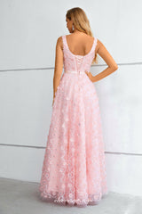 Pink 3D Floral Lace Square Neck Sleeveless A-line Prom Dresses, CP0914