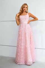 Pink 3D Floral Lace Square Neck Sleeveless A-line Prom Dresses, CP0914