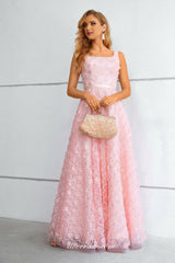 Pink 3D Floral Lace Square Neck Sleeveless A-line Prom Dresses, CP0914