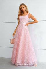 Pink 3D Floral Lace Square Neck Sleeveless A-line Prom Dresses, CP0914