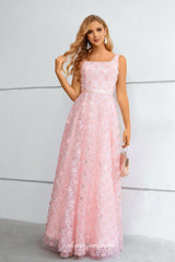 Pink 3D Floral Lace Square Neck Sleeveless A-line Prom Dresses, CP0914