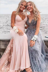 Pink 3D Handmade Flower Train V-neck Open Back Mermaid Prom Dresses, CP1104