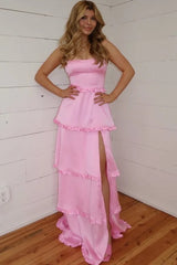 Pink A-Line Straps Scoop Layered Chiffon Sleeveless Long Prom Dress