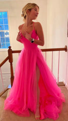 Pink A-Line Tulle Long Prom Dress,AST1608