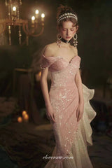 Pink And White Sequined Ruffles High Low Mermaid Prom Dresses, CP1069