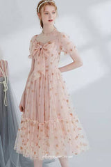 Pink Champagne Heart Sequined Tulle Sweet Tea-length Party Dresses, CP0773