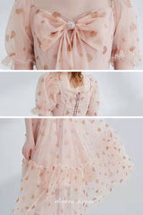 Pink Champagne Heart Sequined Tulle Sweet Tea-length Party Dresses, CP0773