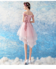 Pink Chic High Low Off Shoulder Party Dress with Lace Applique, Pink Homecoming Dress Prom Dress