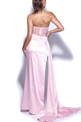 Pink Elastic Satin Sexy High Slit Pleating With Train Sheath Formal Dresses, CP0896